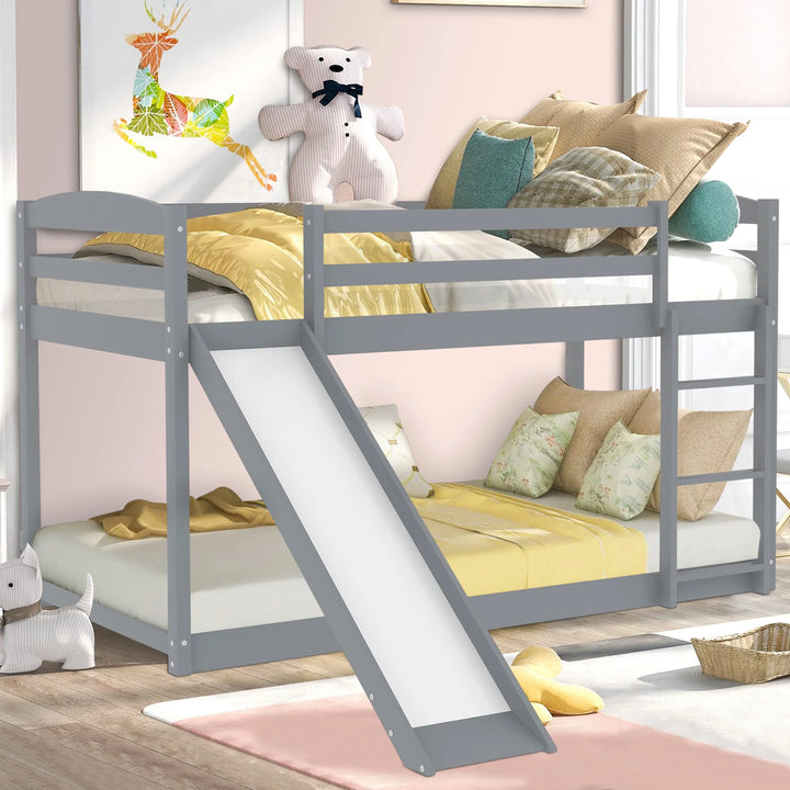 Floor Bunk Bed with Convertible Slide and Ladder,  Wood Bunk Beds with Guardrail for Boys Girls Toddlers, Gray Twin over Twin Bunk Bed, Kids Floor Bunk Bed for Home Children’S Room, TE838