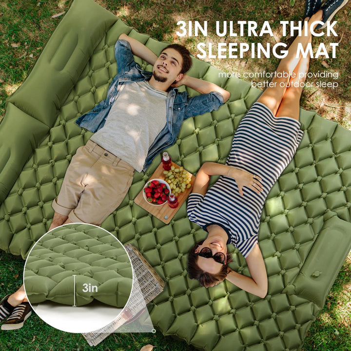 Double Sleeping Pad for Camping: Experience Ultimate Comfort with Ultra-Thick, Self-Inflating Camping Pad Designed for 2 Persons, Featuring a Built-In Foot Pump and Pillow, Ideal for Backpacking