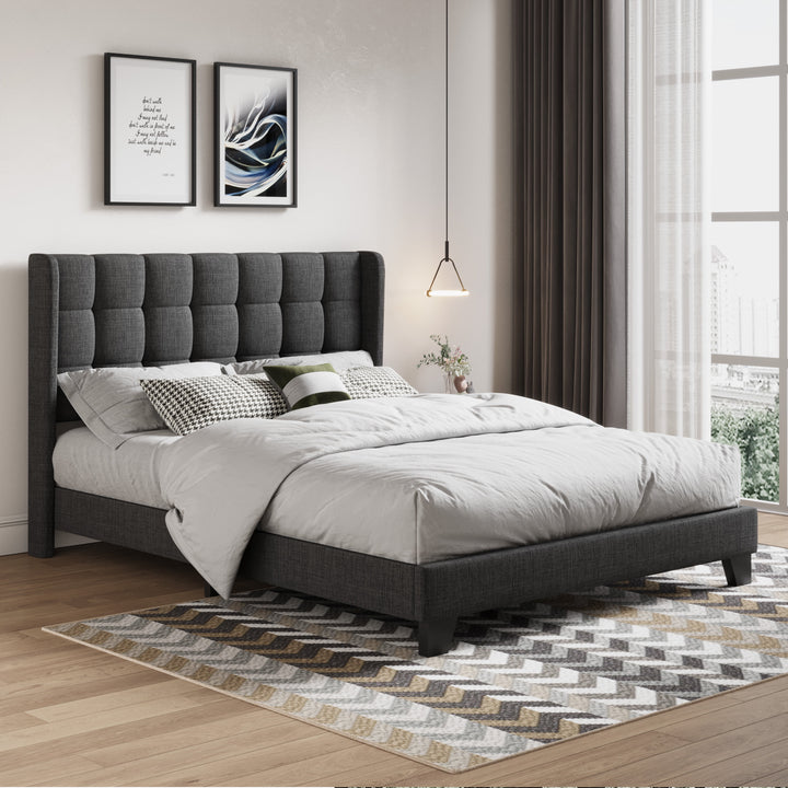 Queen Size Platform Bed with Wingback Headboard, Square Stitched Style, Dark Grey