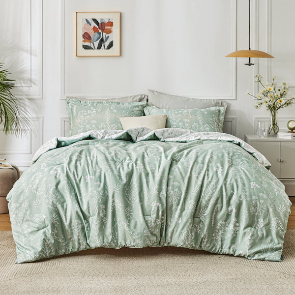 3 Pieces Sage Green Floral Comforter Sets, 1 Soft Reversible Botanical Flowers Comforter and 2 Pillow Shams, King Size