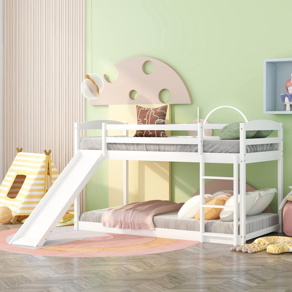 Low Bunk Beds Twin over Twin with Slide, Wooden Floor Bunk Bed Frame Built-In Ladder for Toddler Girls Boys (White)