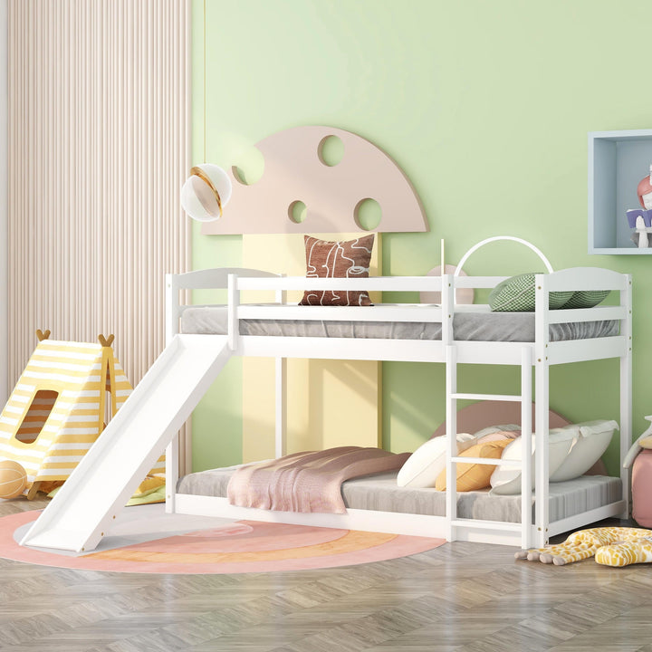 Low Bunk Beds Twin over Twin with Slide, Wooden Floor Bunk Bed Frame Built-In Ladder for Toddler Girls Boys (White)