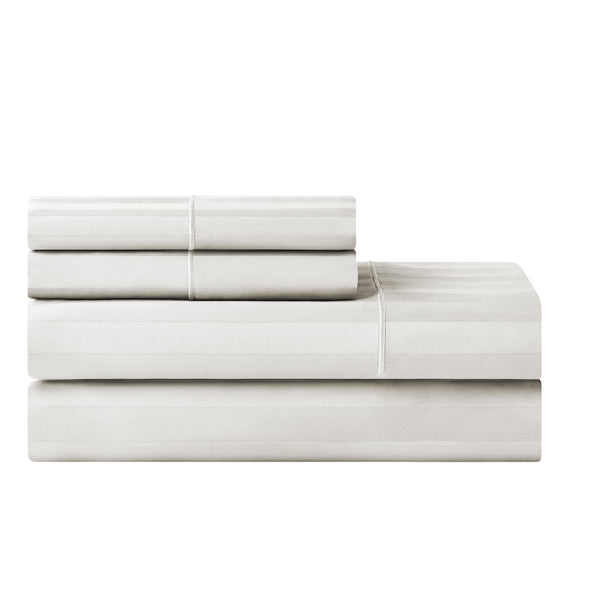 4-Piece 600 Thread Count White Stripe Egyptian Cotton Bed Sheet Set, Queen - Deep Pocket