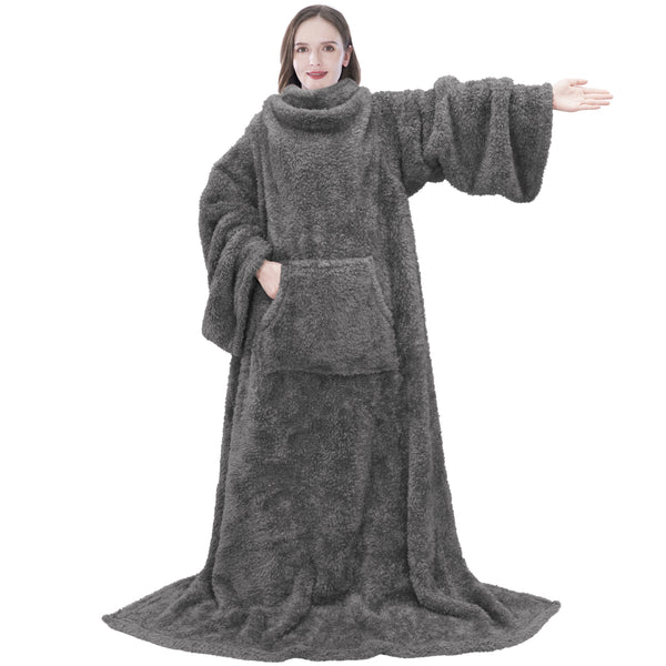 Fluffy Blanket with Sleeves Women Men Adults, Wearable Blanket Plush Soft Fuzzy, Hug Sleep Pod Snuggle Pocket Sleeved TV Throw, Sherpa Fleece Warm Cozy Shaggy Gifts Ideas Mom Wife, Dark Gray