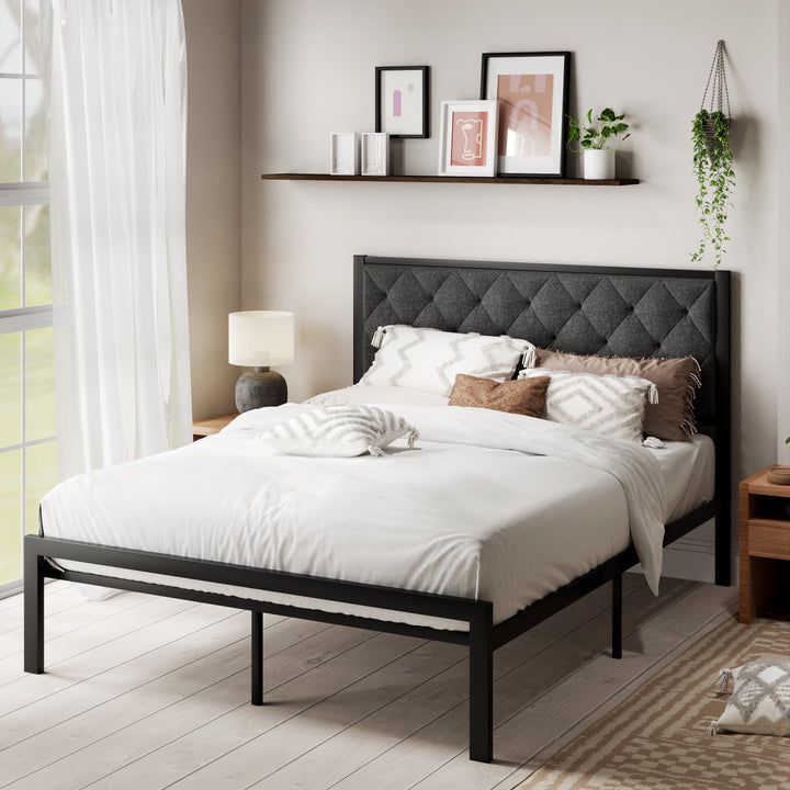 Queen Size Metal Platform Bed Frame with Tufted Headboard & Underbed Storage, Dark Gray