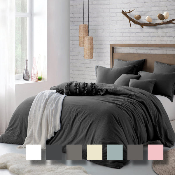 Ultra Soft Crinkled Texture Pre-Washed Duvet Cover & Sham Set (Comforter Not Included), King/Cal King (106"X 92"), Charcoal Grey