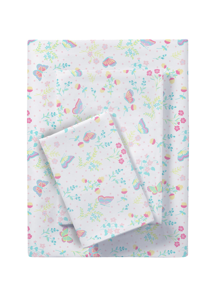 Kids Soft Microfiber Sheet Set, Floral Butterfly, Twin, 3 Pieces, Easy Care