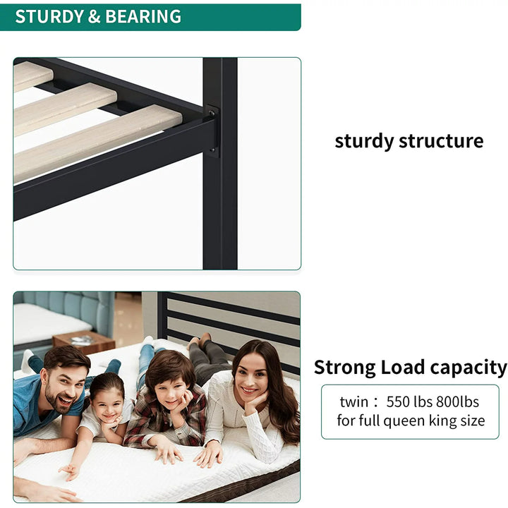 King Size Black Canopy Bed Frame with Headboard, Mattress Foundation with Wooden Slats and Steel Structure, No Box Spring Needed