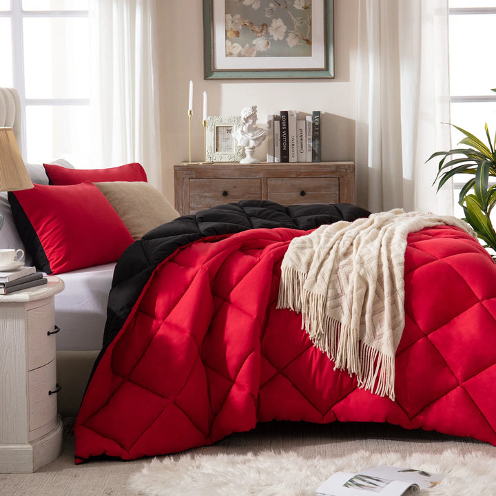 3 Pieces Bed in a Bag Comforter Set Duvet Insert,Reversible,Red/Black,King