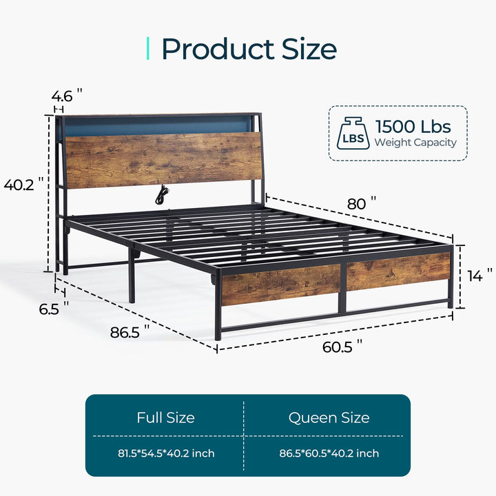 Full Size Platform Bed Frame with Headboard and 3 Storage Shelves, Metal Bed with Lights, Outlets & USB, Dark Brown