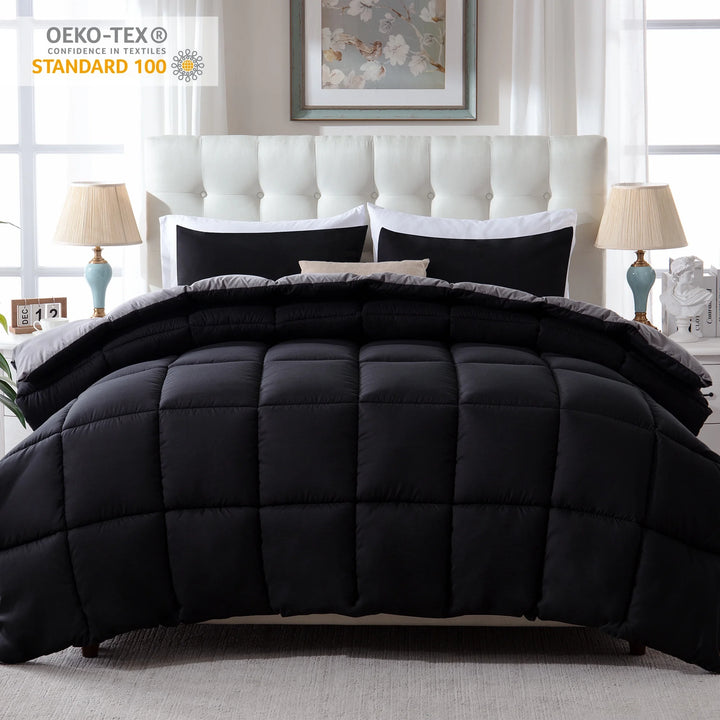 3 Pieces Bed in a Bag Comforter Set Duvet Insert,Reversible,Black/Grey,Queen