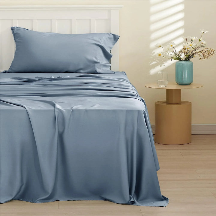 King Cooling Bed Sheets Set, Rayon Derived from Bamboo, Hotel Luxury Silky Breathable Bedding Sheets & Pillowcases, Mineral Blue