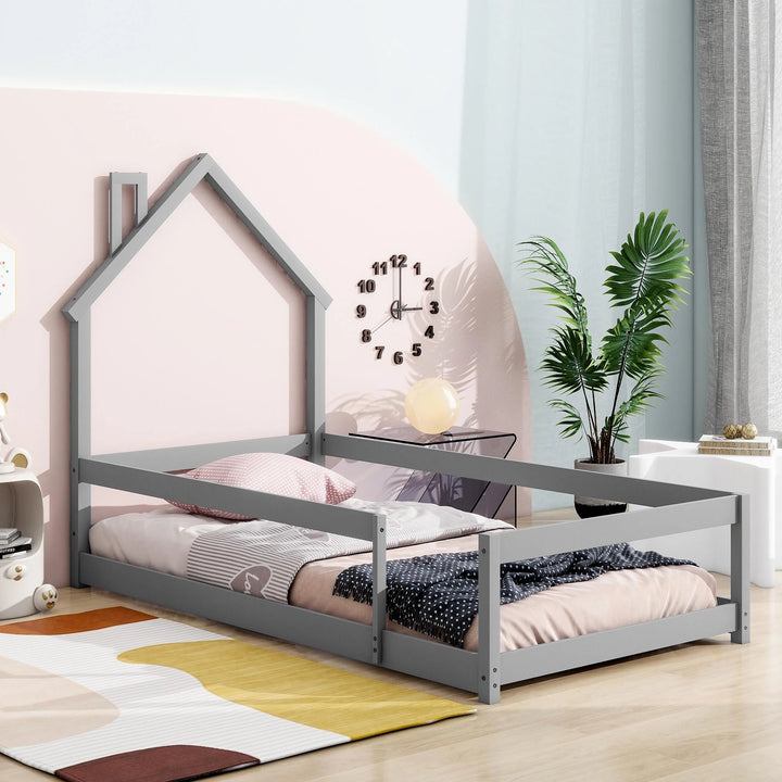 Twin Size Floor Bed with House-Shaped Headboard and Fence Twin Montessori Floor Bed Frame with Fence Twin House Bed Low Floor Bed for Kids, Toddlers, Boys, Girls, Gray