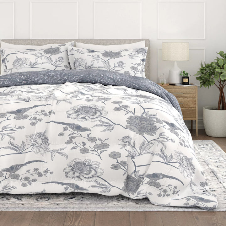 - 3 Piece Light Blue Floral Molly Botanicals All Season Down-Alternative Comforter for King Size Beds