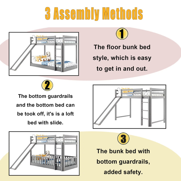 Low Bunk Bed with Slide, Twin over Twin Juniors Bunk Beds with Fence, Floor Bunk Bed Frame with Ladder for Toddler Kids Teens(Gray)