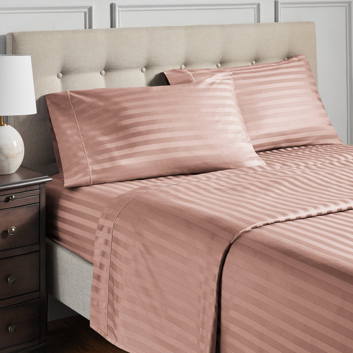 4-Piece 600 Thread Count Rose Stripe Egyptian Cotton Bed Sheet Set, Queen - Deep Pocket