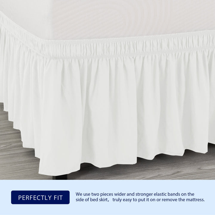 Elastic Wrap around Bed Skirt Dust Ruffle Smooth Soft Bed Frame Cover 15-Inch Drop (Full, White)