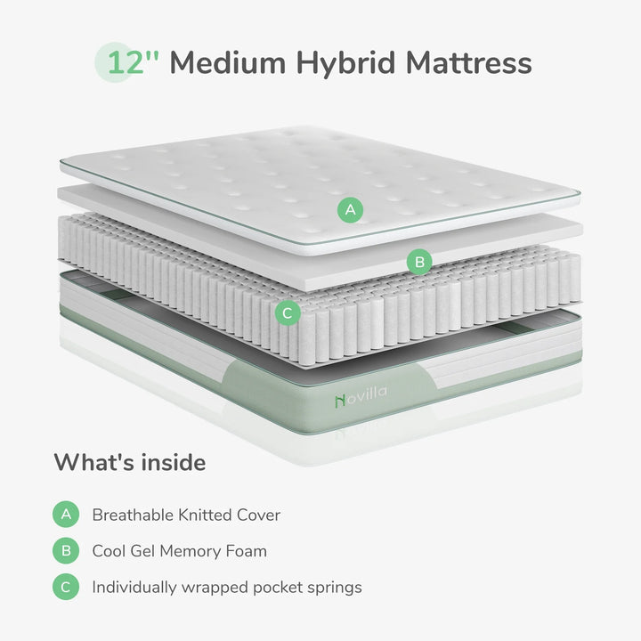 Bloomydream 12" Pillow Top Gel Memory Foam Pocketed Coils Hybrid Mattress, Queen Size