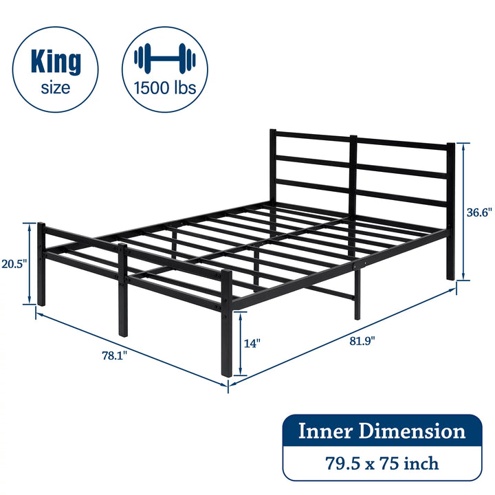 King Bed Frame with Square Frame Headboard and Footboard 14 Inch Heavy Duty Metal Slat Mattress Foundation Bed Easy Assembly, Black