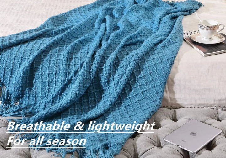 Crochet Throw Blanket for Couch Sofa Chair Bed Decoration, Soft Warm Cozy Light Weight for Spring Summer (50''X60'' Turquoise)