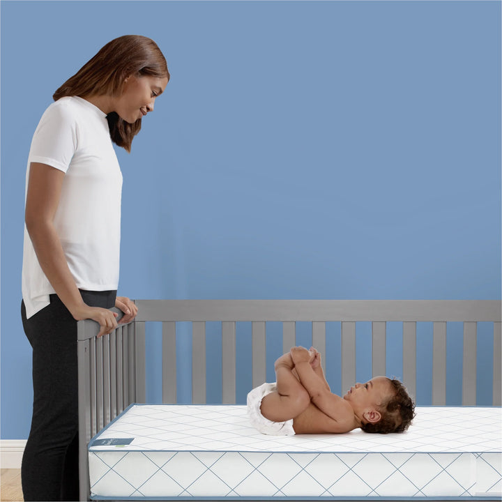 Radiant Diamond Crib and Toddler Mattress, Waterproof, Extra Firm, GREENGUARD Gold, Sustainably Sourced Fiber Core, White/Blue