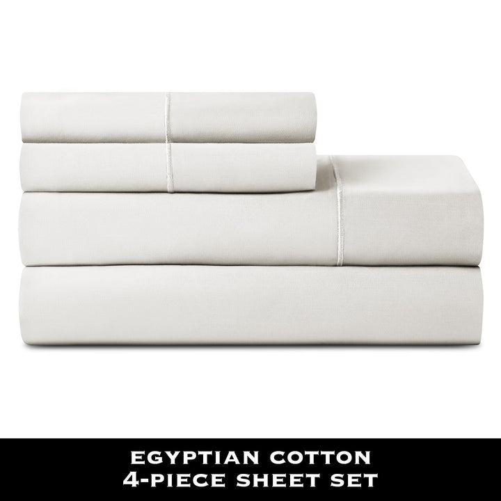 4-Piece 600 Thread Count White Stripe Egyptian Cotton Bed Sheet Set, Queen - Deep Pocket