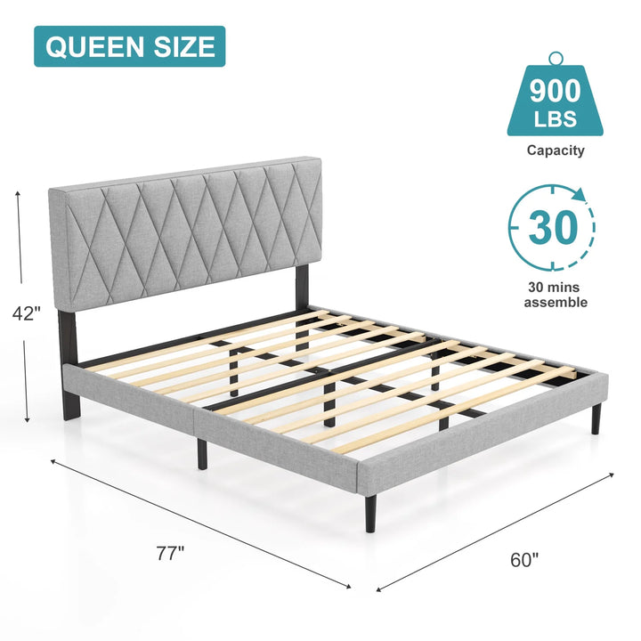 Queen Size Platform Bed Frame with Headboard, Modern Upholstered Platform Bed, Light Grey