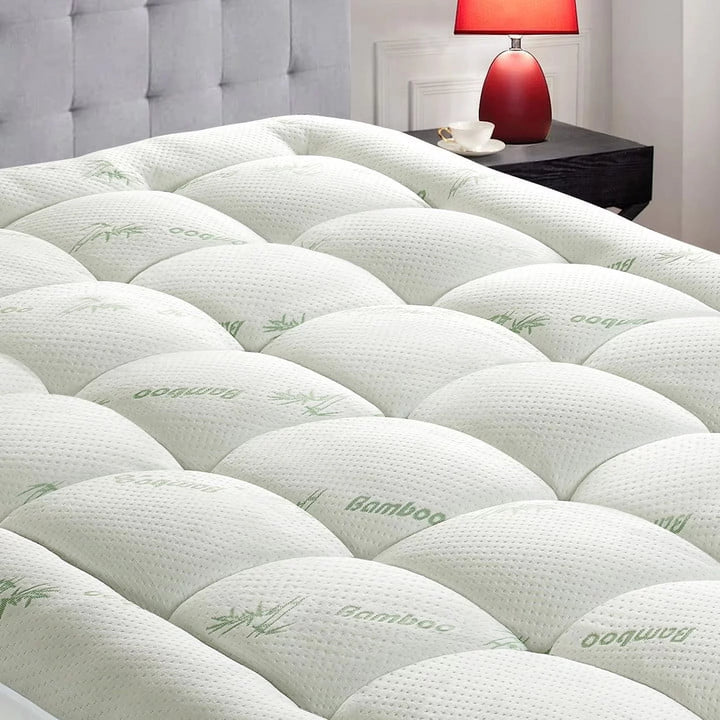 Bamboo Queen Size Quilted Pillowtop Mattress Topper Pad Cover with Deep Pocket Fitted 8"-21", Ultra Soft & Comfort