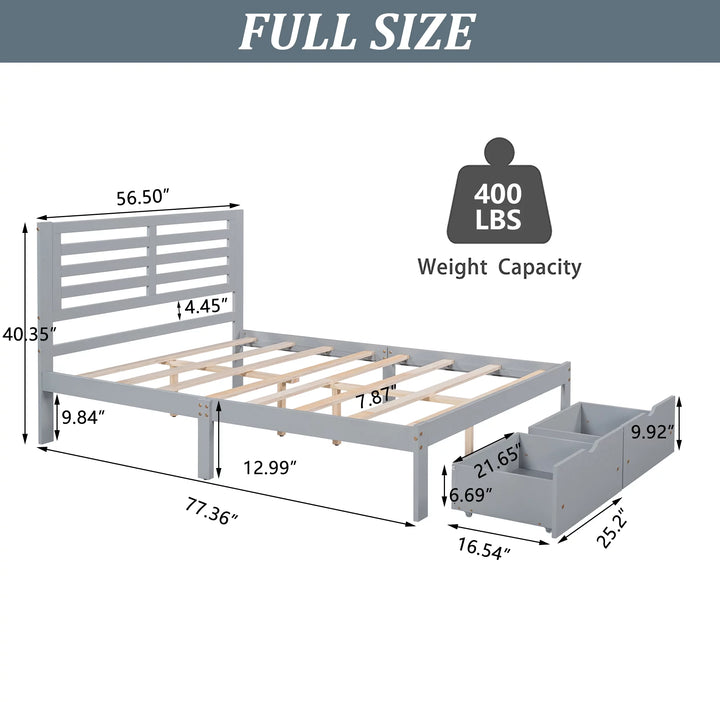 Platform Bed Frame Storage Bed with Headboard, Pine Wood Full Bed Frame for Bedroom, Modern Full Size Bed Frame with Drawers, Wood Slats Support, Holds 400 Lb, No Box Spring Needed, Gray