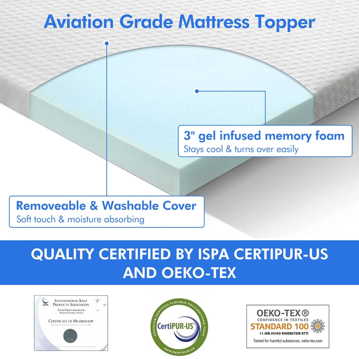 3 Inch Gel Memory Foam Mattress Topper for Pressure Relief, Soft Mattress Topper for Cooling Sleep, Non-Slip Design with Removable & Washable Cover, Certipur-Us Certified - Queen