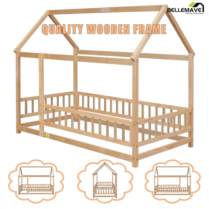 Twin Floor Bed for Kids, Wood Twin Size House Bed Frame with Fence, Montessori Toddler Bed for Kids Girls Boys Teens（Natural)