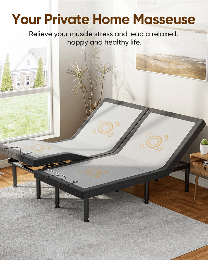 Split King Size Adjustable Bed Base Frame for Stress Management with Massage, Adjustable Legs, Remote Control