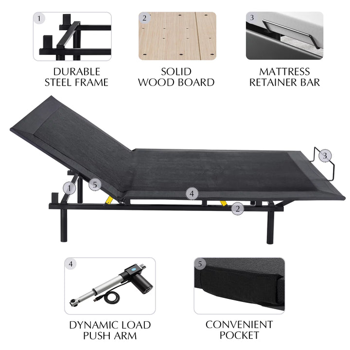 Basic Queen Size Ergonomic Electric Adjustable Bed Base Frame with Upgraded Motor 2.0, Wireless Remote Control, Independent Head & Foot Incline