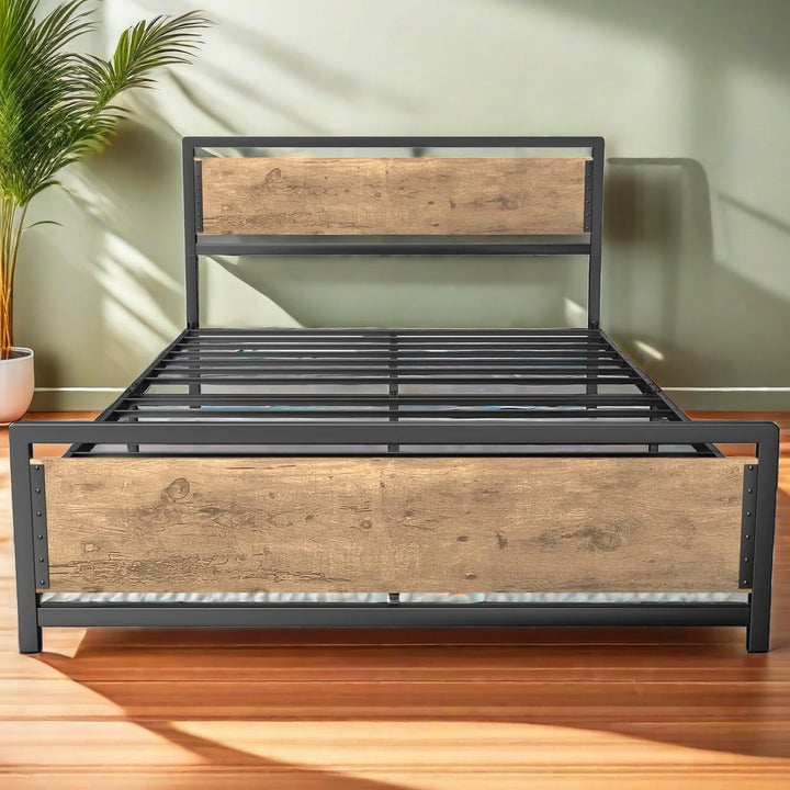 Queen Bed Frame, Queen Size Bed Frame with Wood Headboard and Footboard, under Bed Storage, 800Lbs, Retro