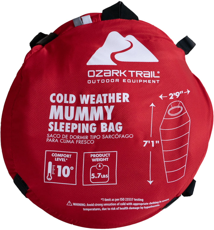 10-Degree Cold Weather Mummy Sleeping Bag with Soft Liner, Red, 85"X33"