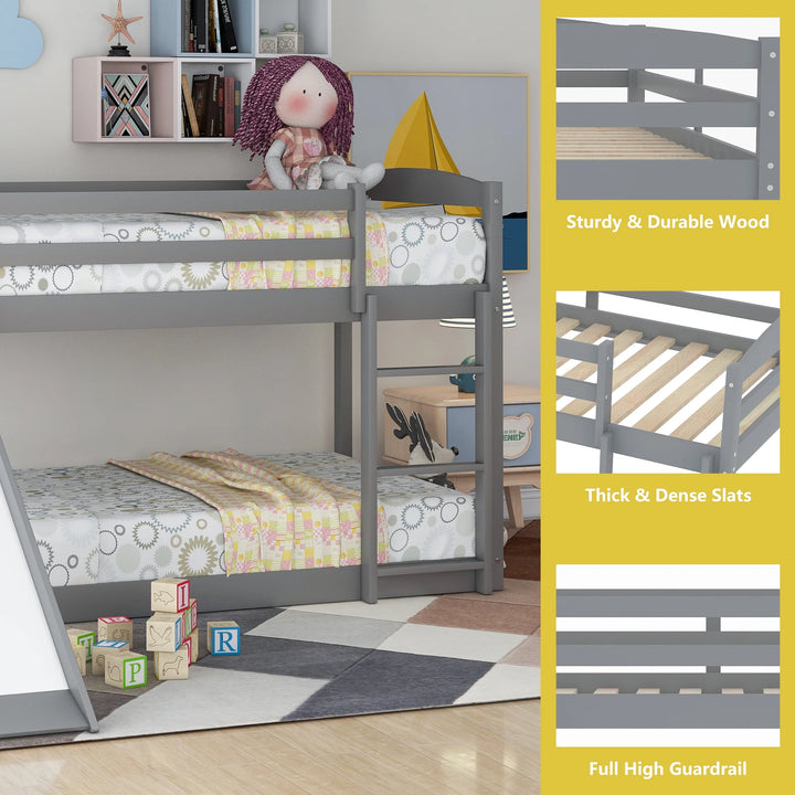 Floor Bunk Bed with Convertible Slide and Ladder,  Wood Bunk Beds with Guardrail for Boys Girls Toddlers, Gray Twin over Twin Bunk Bed, Kids Floor Bunk Bed for Home Children’S Room, TE838