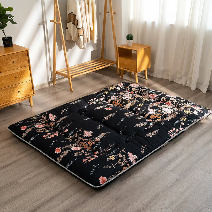 Japanese Floor Mattress Futon Mattress Floral Design Sleeping Mat with Dustproof Cover and Storage Bag Twin Size