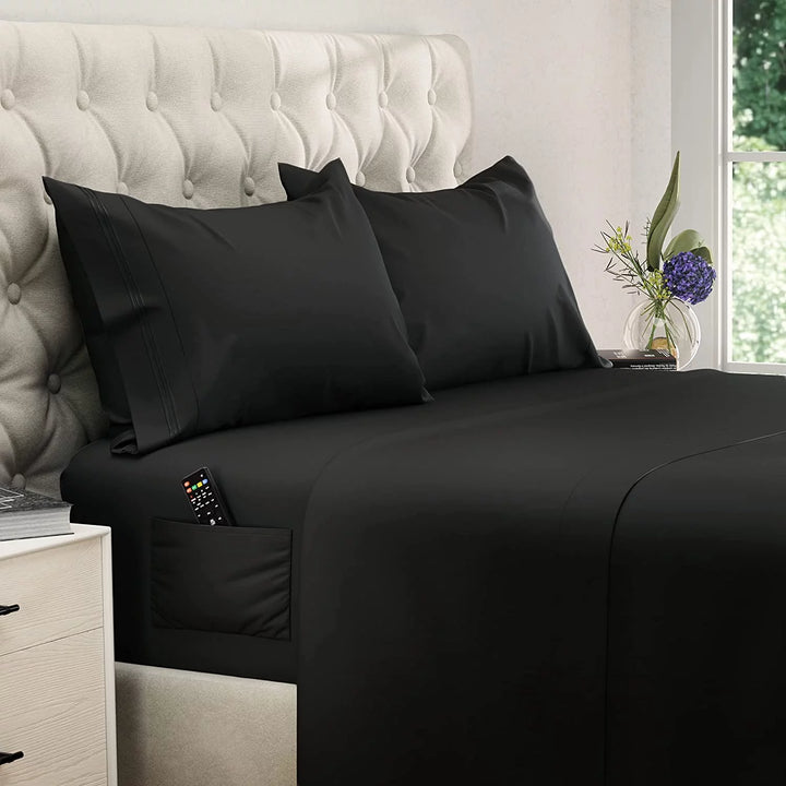 400 Thread Count 4 Piece Sheet Set Deep Pocket 10 Inch 100% Egyptian Cotton Color Black Solid Size Queen with 2 Side Pockets