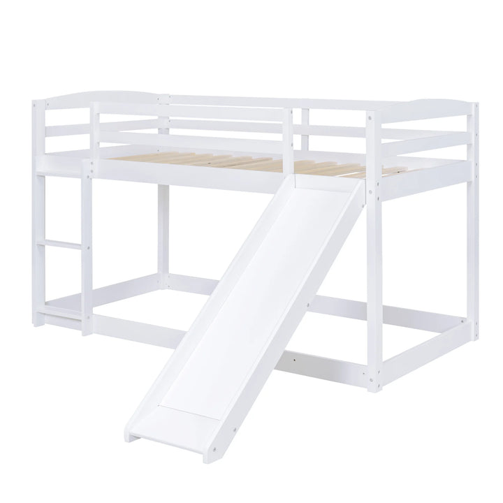 Low Bunk Beds Twin over Twin with Slide, Wooden Floor Bunk Bed Frame Built-In Ladder for Toddler Girls Boys (White)