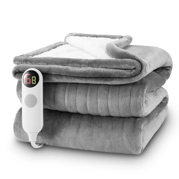 Electric Throw Blanket 50" X 60" with 6 Heating Levels & 8 Timer Settings ETL Certification, Flannel & Sherpa, Gray & White