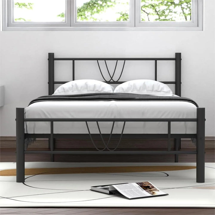 Twin Size Metal Bed Frame, No Box Spring Needed, Noise Free Carbon Steel Bed Foundation, Child, Black