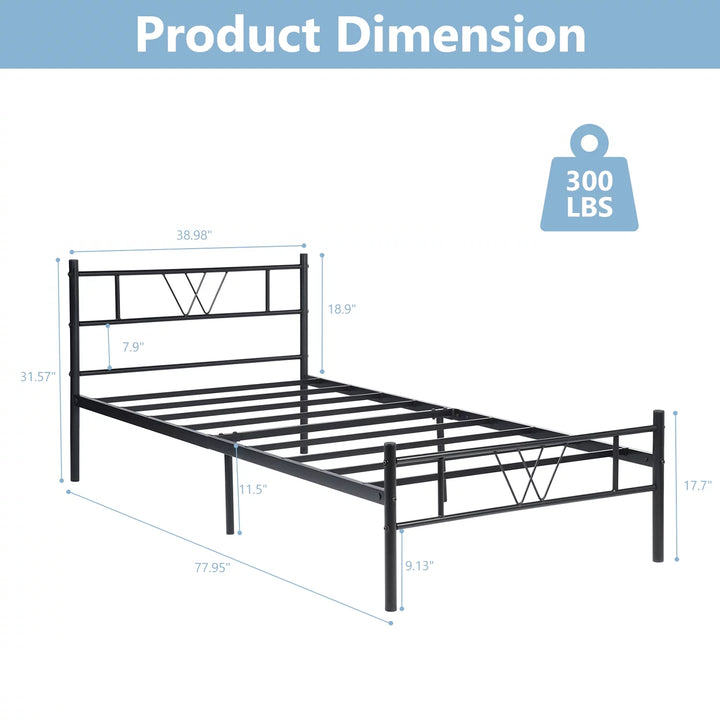 Twin Size Metal Bed Frame, No Box Spring Needed, Noise Free Carbon Steel Bed Foundation, Child, Black