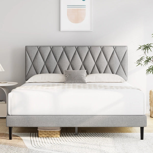 Queen Size Platform Bed Frame with Headboard, Modern Upholstered Platform Bed, Light Grey