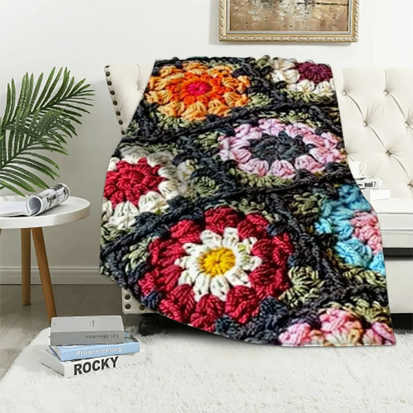 RISEON Handmade Granny Square Crochet Throw Blanket Sweater Style Mat, Crochet Quilt, Multicolor Boho Travel Accent Decor Throw for Sofa Comforter Couch Bed Recliner Living Room Bedroom