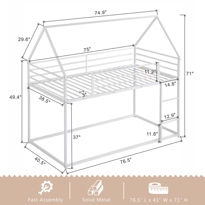 Metal House Bunk Bed, Twin over Twin Bunk Bed with Ladder, Toddler Floor Bunk Bed for Kids, Boys & Girls (White)