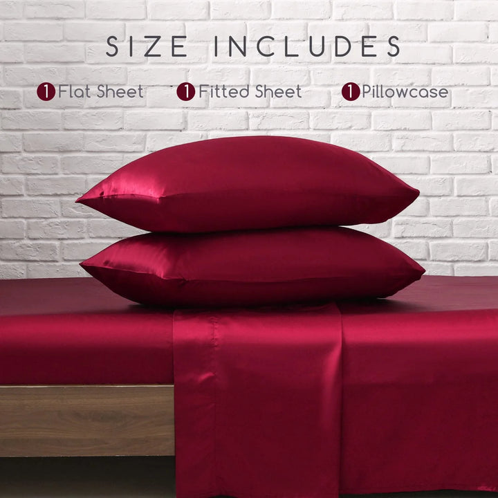 Twin Size Sheet Set Satin Sheets Burgund Microfiber Silk Bed Set of 3 with 1 Pillowcase