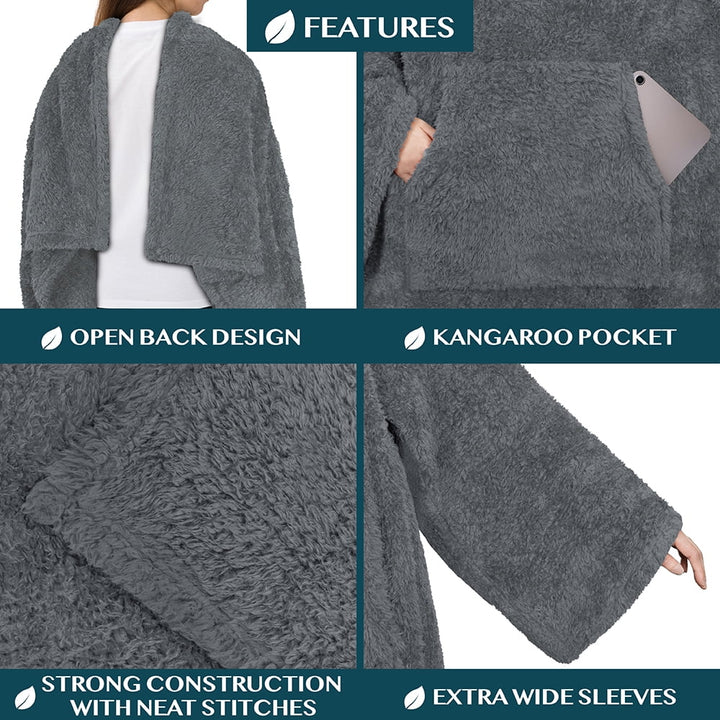 Fluffy Blanket with Sleeves Women Men Adults, Wearable Blanket Plush Soft Fuzzy, Hug Sleep Pod Snuggle Pocket Sleeved TV Throw, Sherpa Fleece Warm Cozy Shaggy Gifts Ideas Mom Wife, Dark Gray