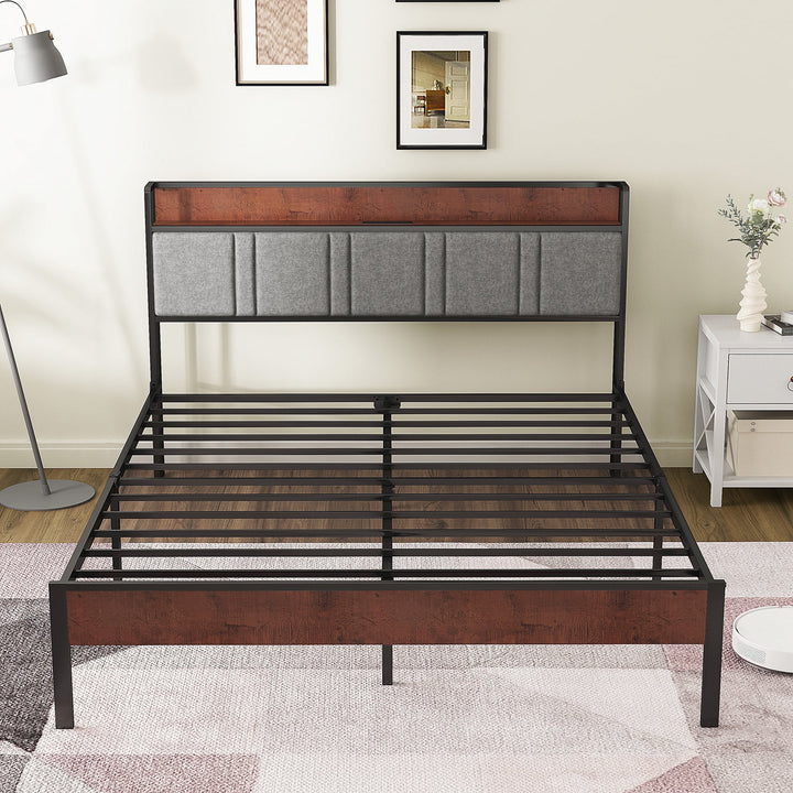 Queen Bed Frame, Platform Bed Queen Size with Storage Headboard and Charging Station, No Box Spring Needed, Gray