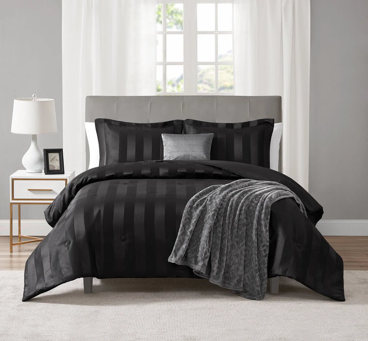 5-Piece Black Damask Stripe Comforter Set, King