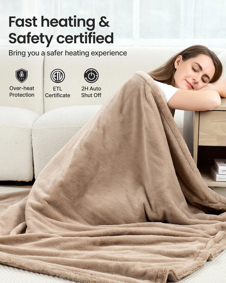 50" X 60" Electric Faux Fur Throw Heated Blanket, Fast Heating, Machine Washable, Safety Certified, Brown